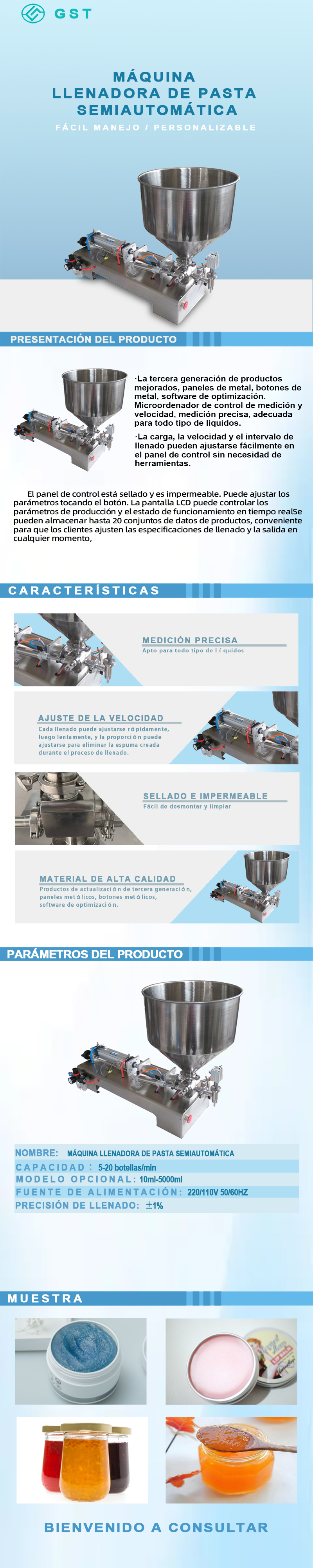 Máquina llenadora de pasta semiautomática