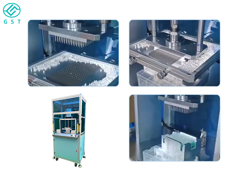 Máquina semiautomática para encaixotamento de ponteiras de pipetas | Suporta a montagem e o encaixotamento de ponteiras de diferentes tamanhos para utilização em laboratório.