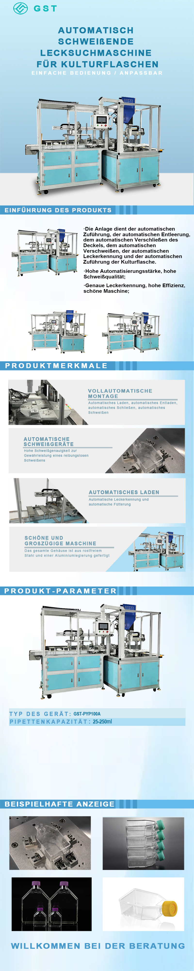 Automatische Ultraschall-Lecksuchmaschine für Kulturflaschen | Vollautomatisches Schweiß- und Dichtigkeitsprüfgerät