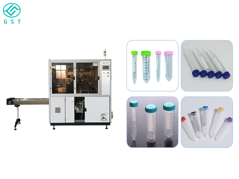 Impressora serigráfica curva automática para tubos de centrífuga | Solução de sistema de impressão automatizado de alta precisão para consumíveis biológicos