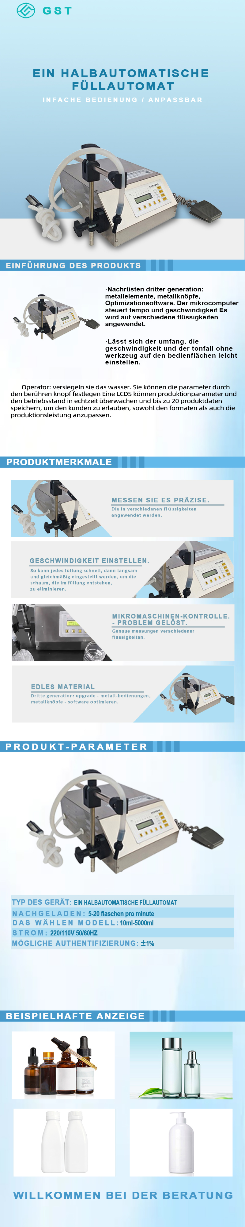 Halbautomatische Flüssigkeitsabfüllmaschine | Unterstützt quantitative Abfüllanlagen für verschiedene Spezifikationen von abgefüllten Flüssigkeiten | Intelligente Lösung für die Flüssigkeitsabfüllung