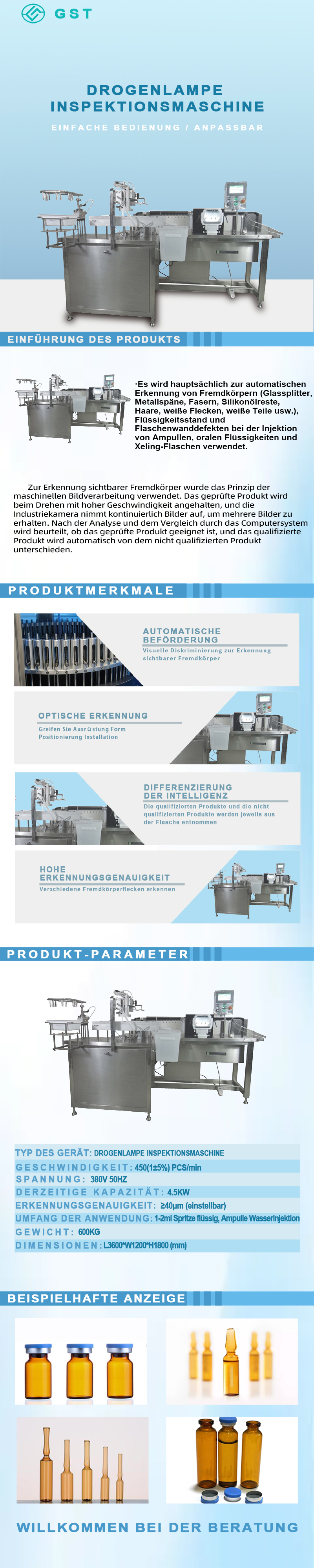 Automatische Prüfmaschine für pharmazeutische Produkte | Intelligente Sichtprüfungsanlage | Hochpräzises Prüfsystem für pharmazeutische Flaschen