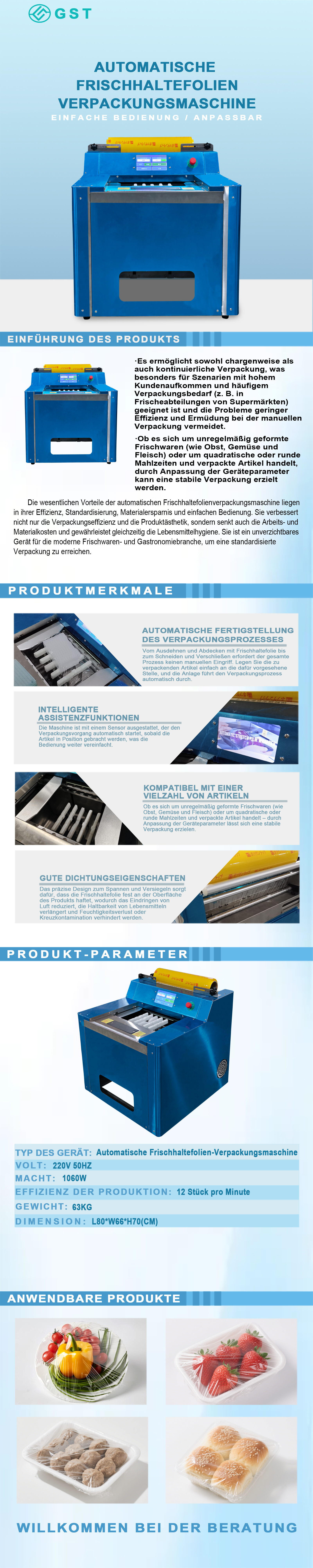 Automatische Verpackungsmaschine für Frischhaltefolie | Automatische Verpackungsmaschine für Lebensmittel | Verpackungsanlage für frische Lebensmittel in der Gastronomie