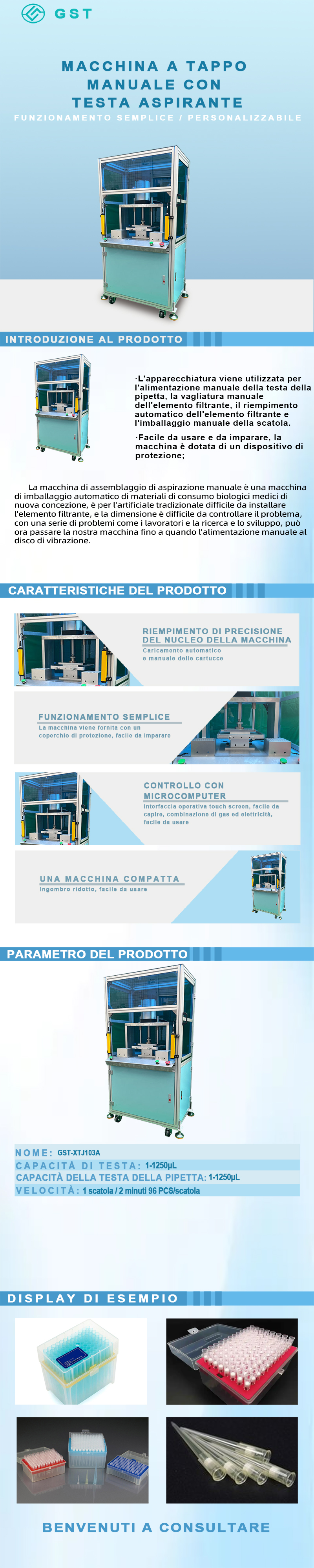 Macchina semiautomatica per l'astucciamento di puntali per pipette | Supporta l'assemblaggio e l'astucciamento di più specifiche punte per materiali di consumo da laboratorio