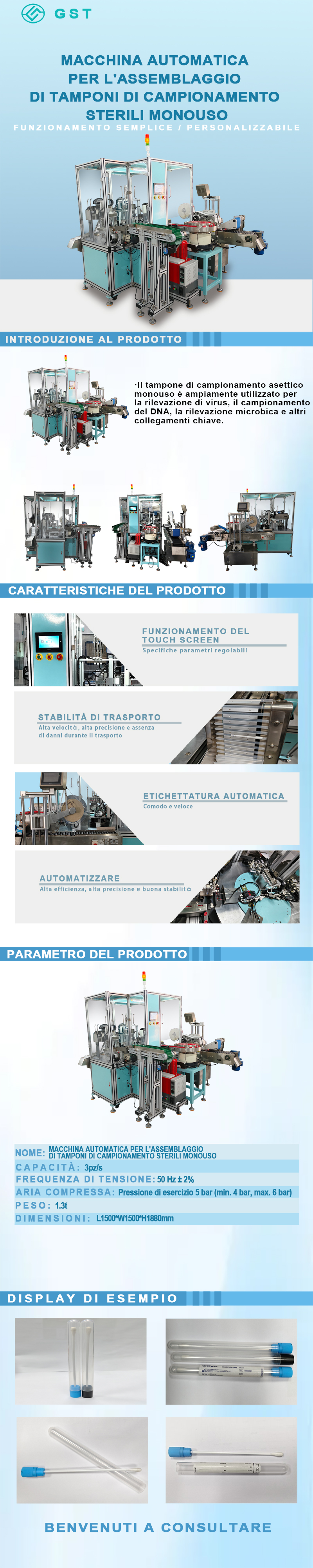 Macchina di assemblaggio automatico per tamponi di campionamento sterili monouso | Linea di produzione di assemblaggio automatico per tamponi di campionamento medicali intelligente ed efficiente