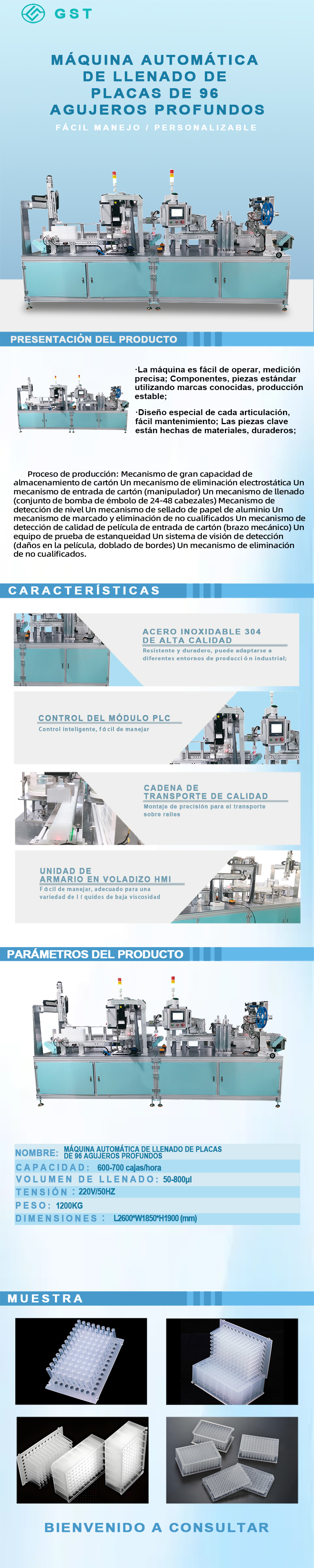 Máquina automática de llenado, sellado y etiquetado de placas de 96 pocillos profundos | Solución de línea de producción de llenado y etiquetado automático de consumibles de laboratorio inteligentes
