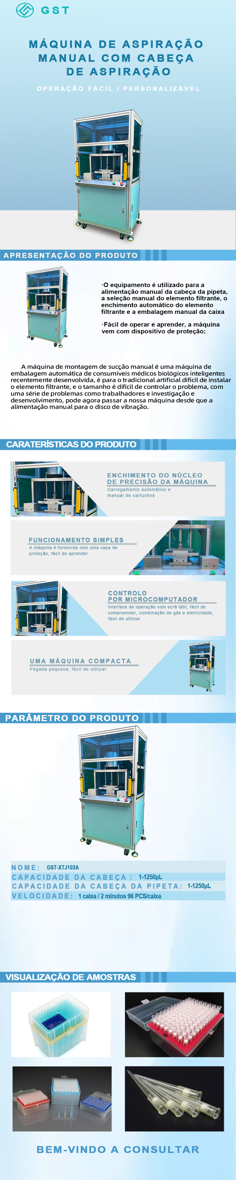 Máquina semiautomática para encaixotamento de ponteiras de pipetas | Suporta a montagem e o encaixotamento de ponteiras de diferentes tamanhos para utilização em laboratório.