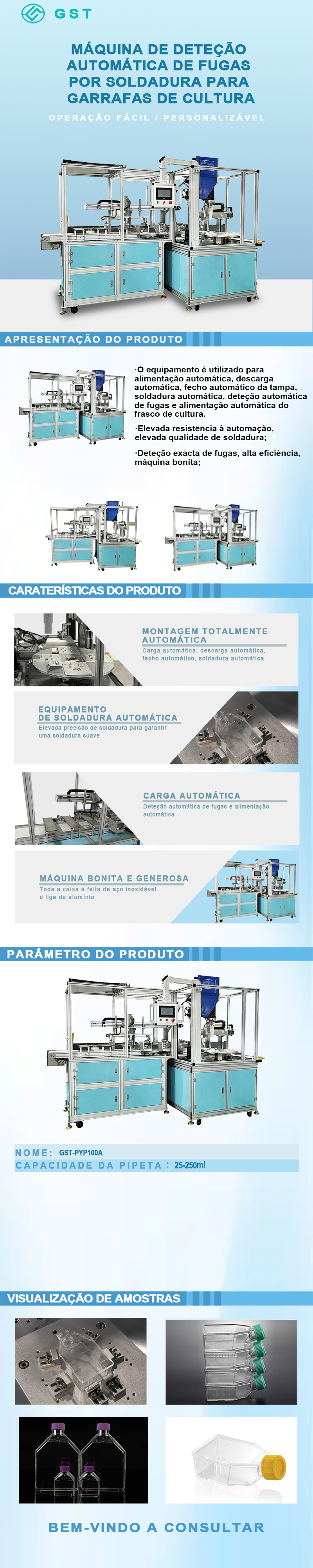 Máquina automática de deteção de fugas por soldadura ultrassónica para frascos de cultura | Equipamento totalmente automático para soldadura de vedação e teste de estanquicidade.