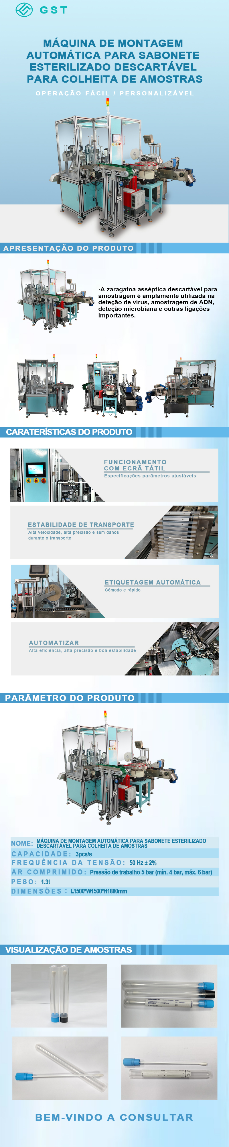 Máquina automática de montagem de zaragatoas descartáveis estéril para recolha de amostras | Linha de produção inteligente e eficiente para montagem automática de zaragatoas para recolha de amostras