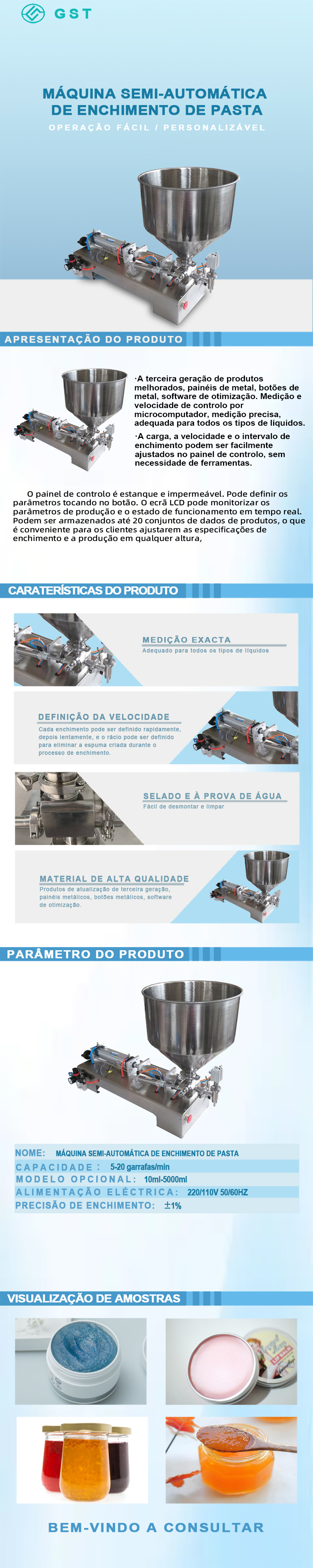 Máquina semiautomática de enchimento de pasta | Equipamento de enchimento quantitativo para materiais de elevada viscosidade | Máquina de enchimento de precisão em aço inoxidável